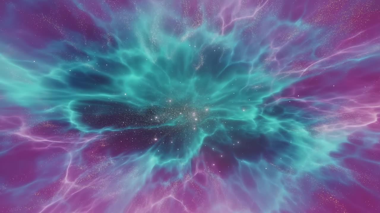 Porta nebulosa verde acqua vibrante che si apre con stelle vorticose e filamenti elettrici, profonda profondità cosmica, particella.