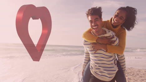 smiling couple enjoying piggyback ride on beach with heart animation overlay