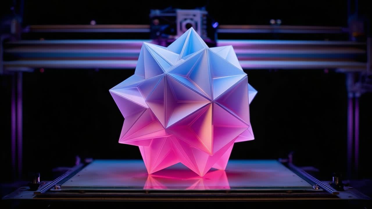 Illuminated Geometric Shape in 3D Printer Showcase: Captivating Visuals of a Multi-Faceted Star-Like Object Emerging from Cutting-Edge Technology