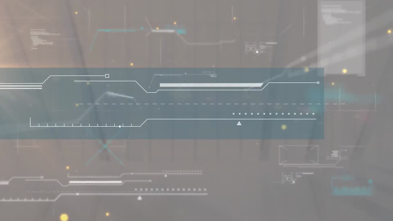 Animation of yellow spots floating over interface with data processing against grey background