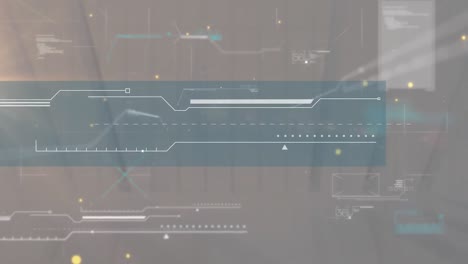 animation of yellow spots floating over interface with data processing against grey background