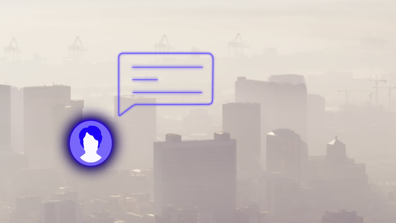 animación de iconos de redes sociales y procesamiento de datos sobre el paisaje urbano