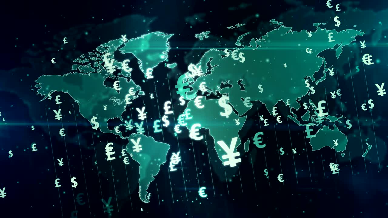 Money symbols on digital world map loop and seamless background