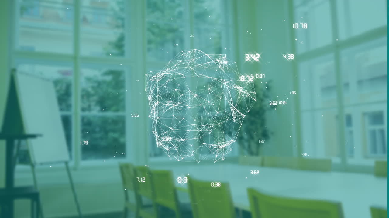 빈 회의실에서 네트워크 연결 및 데이터 포인트 애니메이션