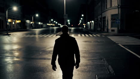man walking alone on an empty city street at night