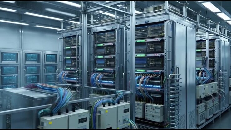 Rows of High-Tech Server Racks in a Modern Data Center