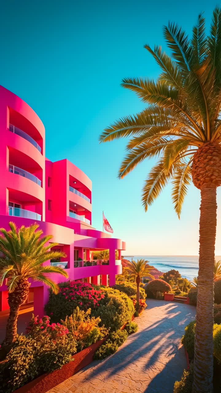 Vibrant Pink Tropical Resort by the Ocean at Sunset