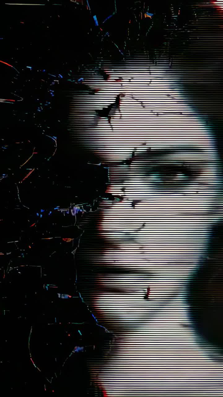 Video verticale: donna con effetto glitch che trasforma il volto sullo sfondo di uno studio come opera d'arte con scanline, spazio per il testo