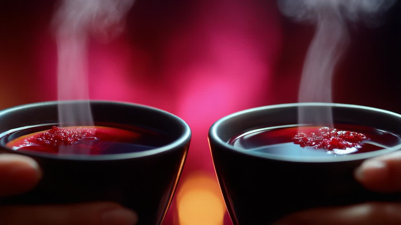 A Warm Embrace: Two Steaming Cups of Tea with Lush Red Fruits Glowing Against a Vivid Background in Soft Focus, Creating an Atmosphere of Cozy Togetherness and Tranquil Indulgence