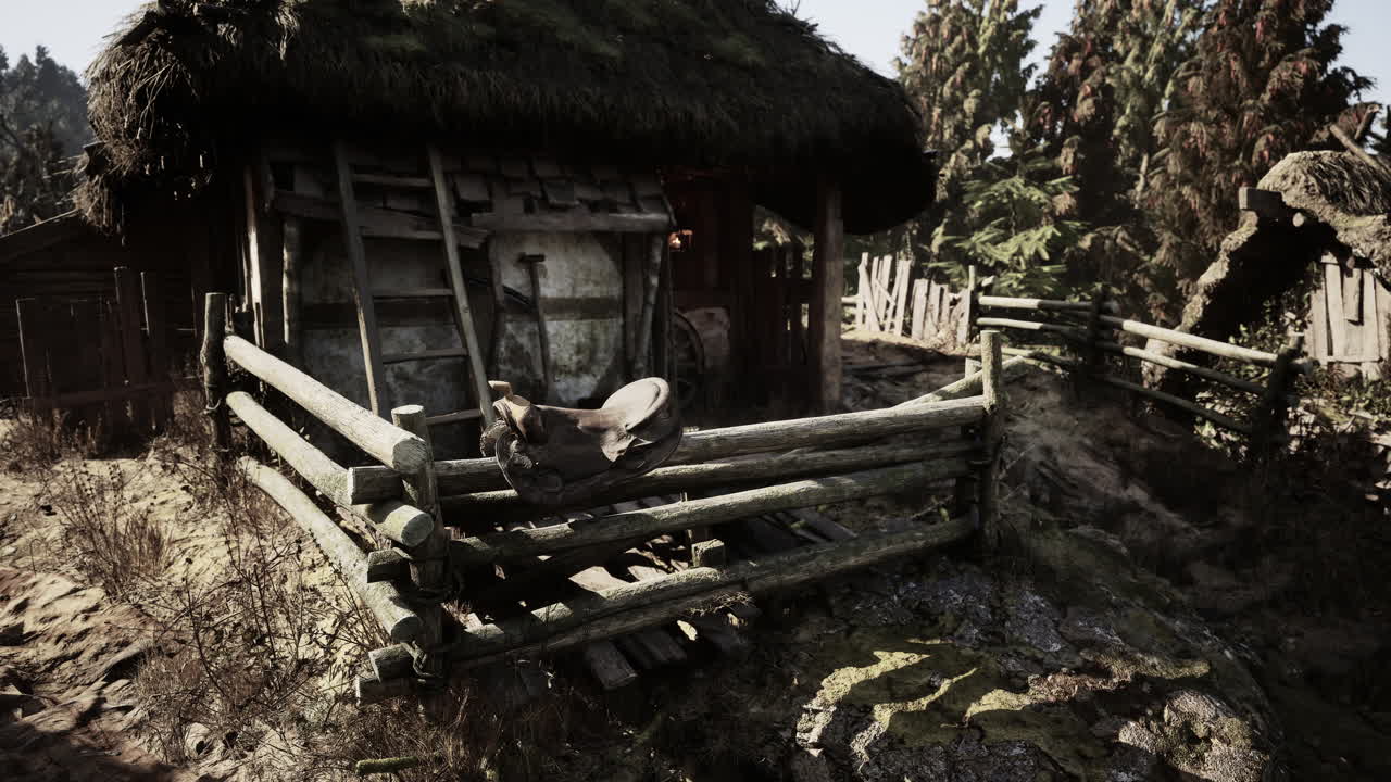 Daylight rural scene with a wooden fence and thatched roof building