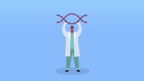 노트북과 dna 분자를 사용하는 남성 과학자