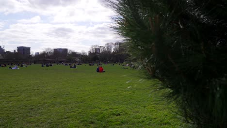 personas reunidas en un parque en londres durante la pandemia del coronavirus covid-19, sin respetar el bloqueo, en un soleado día de primavera
