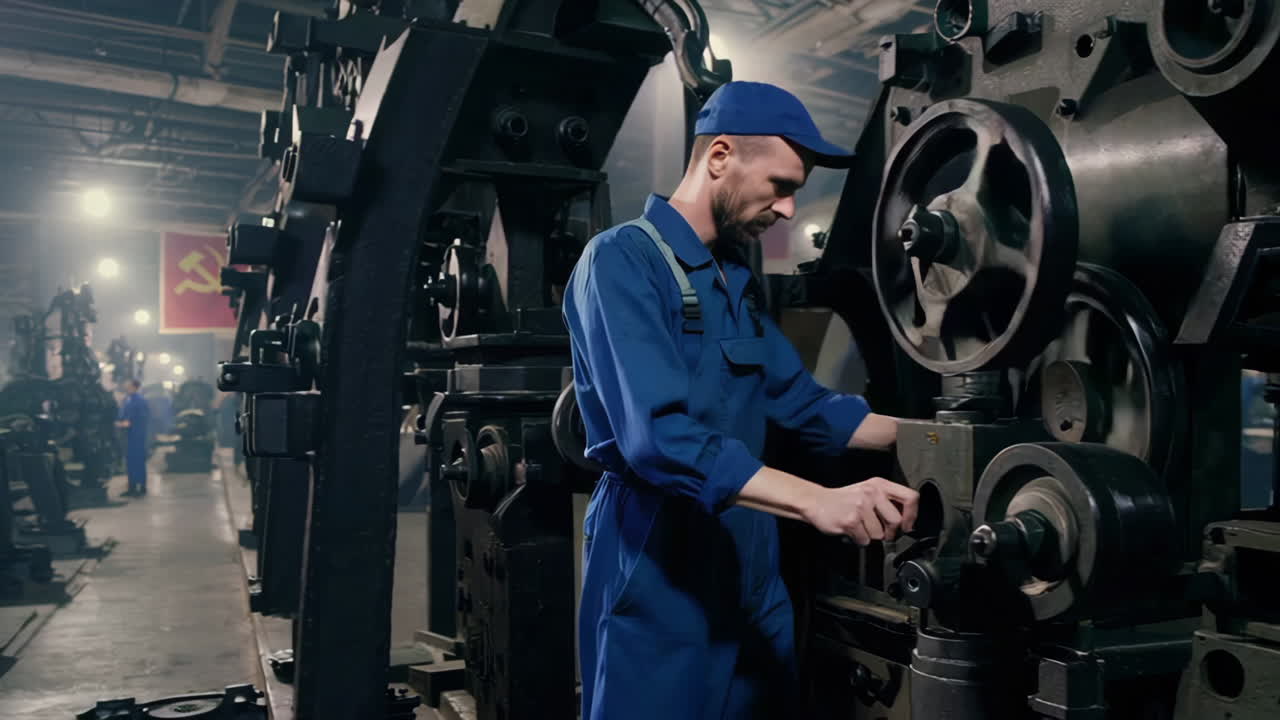 Industrial Worker Operating Vintage Machinery in a Soviet-Era Factory