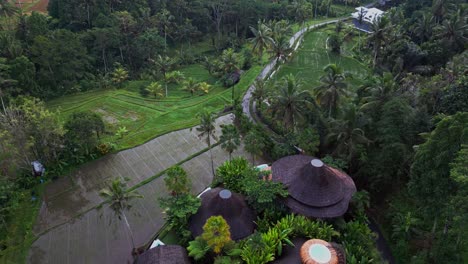 from above the lush landscapes of bali these bamboo villas with pools appear like a hidden sanctuary combining modern comfort with traditional tropical design and beauty. mountain background.