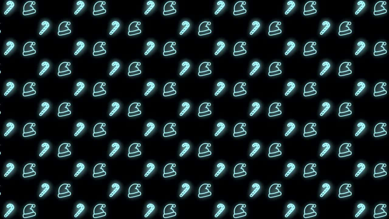 fondo de patrón de navidad de neón de árbol de navidad, copo de nieve, sombrero de santa y bastón de caramelo en animación de bucle cian y negro