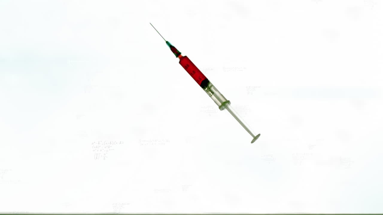 Animation of syringe falling against white background with copy space