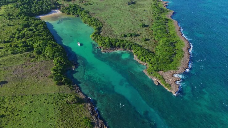 Drone circling the Playa Diamante in Maria Trinidad Sanchez, Dominican republic