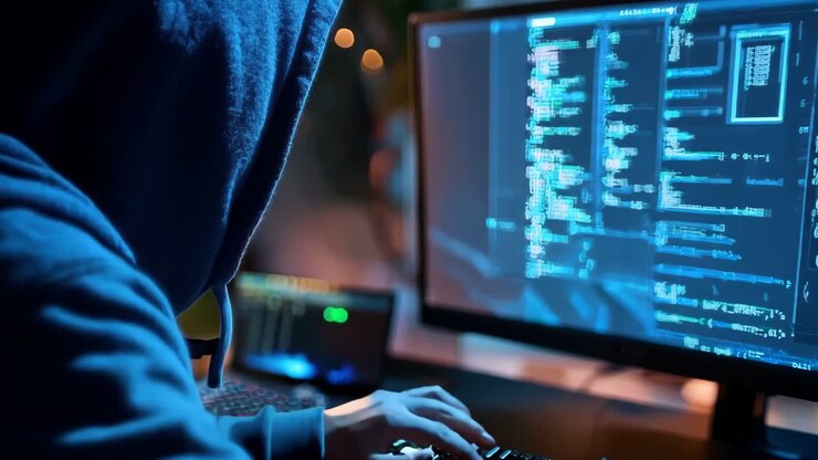 Una persona con una felpa con cappuccio che digita su una tastiera di computer.
