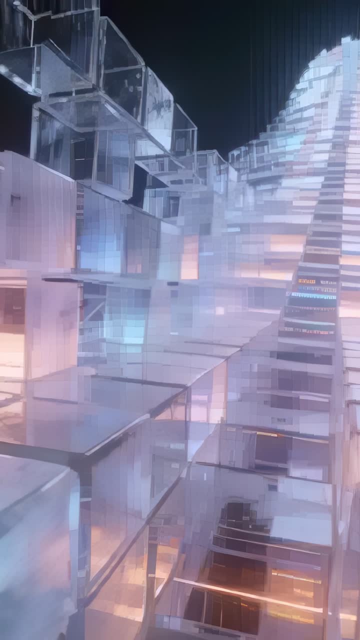 Video verticale: Movimento ascendente della telecamera che rivela moduli cubici trasparenti in una galleria scura, con luce LED.