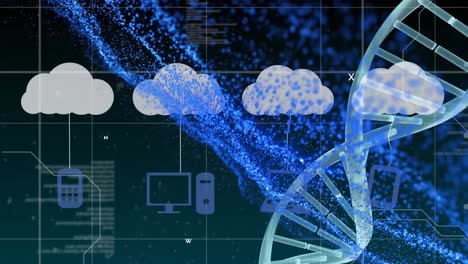 Animation-of-dna-strand-and-media-icons-over-data-processing