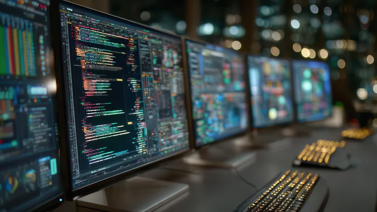 A High-Tech Control Room with Multiple Screens Displaying Colorful Code and Data Analytics in a Modern Cybersecurity Environment
