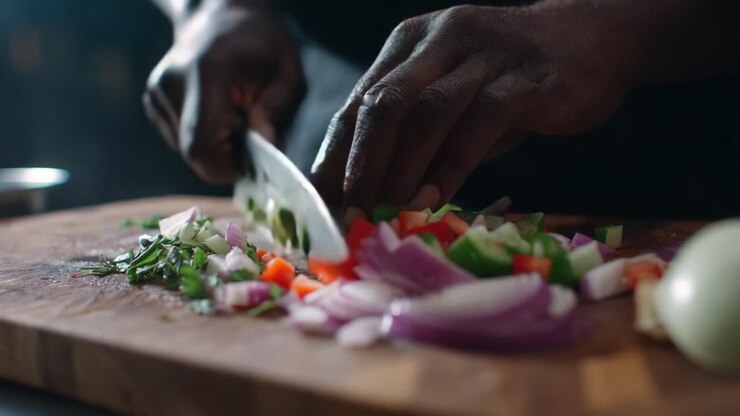 Uno chef esperto taglia con cura una colorata varietà di verdure fresche tra cui cipolle, peperoni ed erbe aromatiche su un tagliere di legno, mettendo in mostra la sua arte culinaria mentre prepara una pietanza squisita