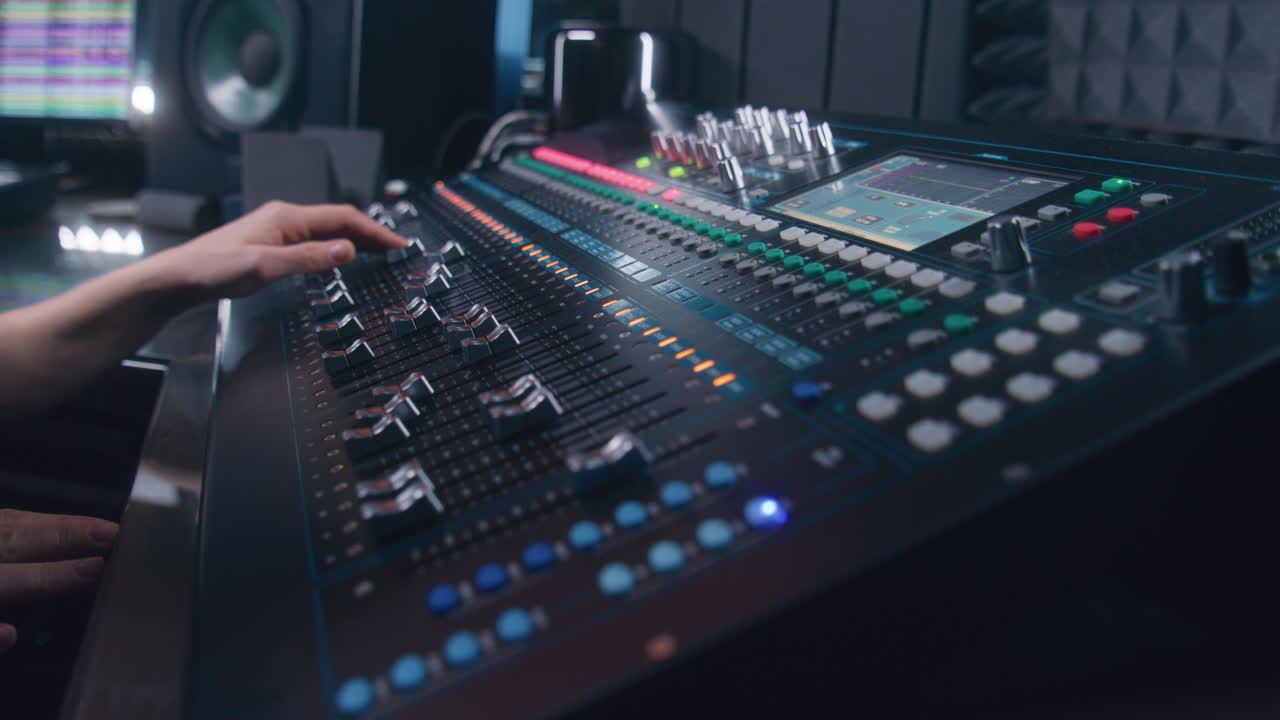 el ingeniero de audio utiliza la consola de mezcla, el control remoto para ajustar el sonido, el mezclador de audio. el músico cambia el nivel de volumen, crea canciones con equipos modernos. estudio de grabación de sonido. producción musical.