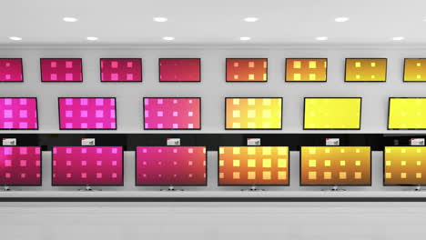 animation of rows of television sets with glowing pink and orange pattern on screens in store