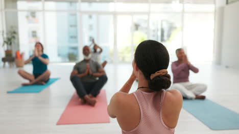 yoga class, instructor and woman in namaste