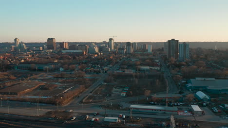 aerial shot of small or medium north american city at sun rise