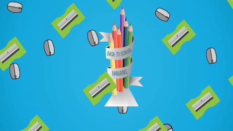 Animation-of-sharpeners,-mouses-over-back-to-school-and-bargains-text-on-ribbon-around-color-pencils