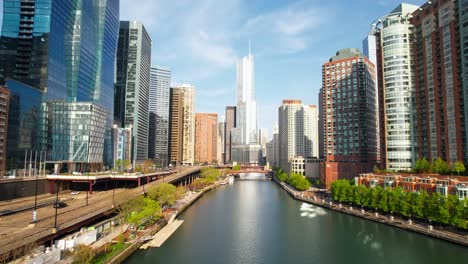 luxury apartment buildings and highrises along the chicago river drone