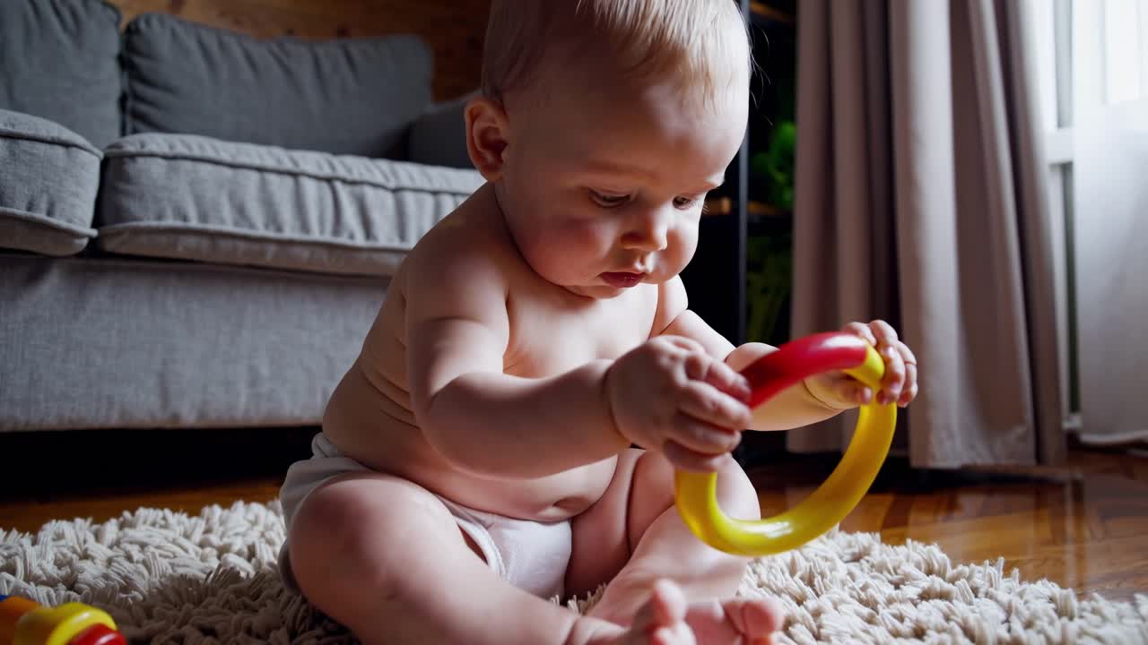 A baby playing with colorful toys on a textured rug, captured from a high-angle