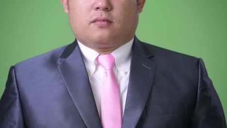 초록색 배경에 젊은 잘생긴 과체중 아시아 사업가