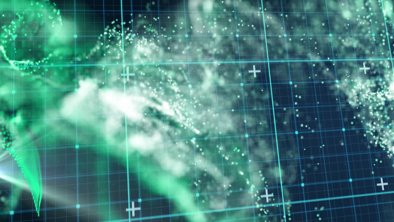 Animation of green and white particles moving and blue grid on black background
