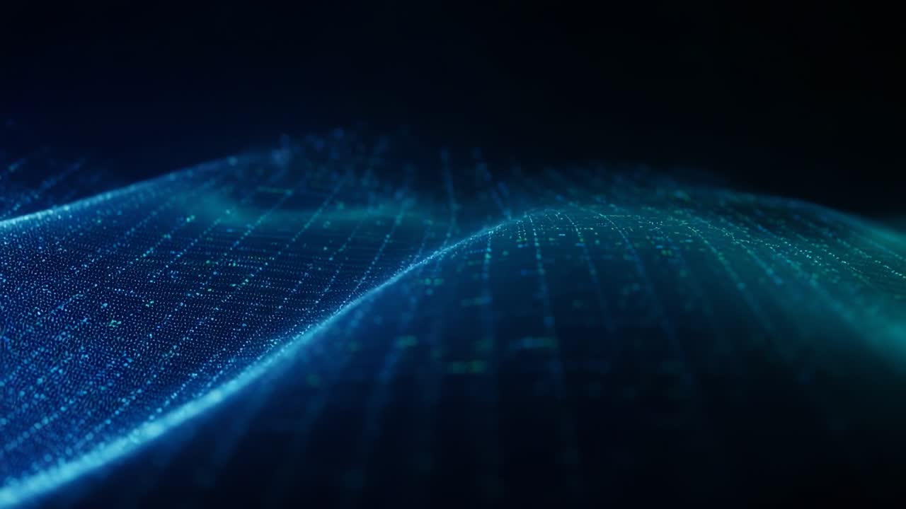 Opening showing glowing blue grid rippling across virtual space, with wave surface visualization