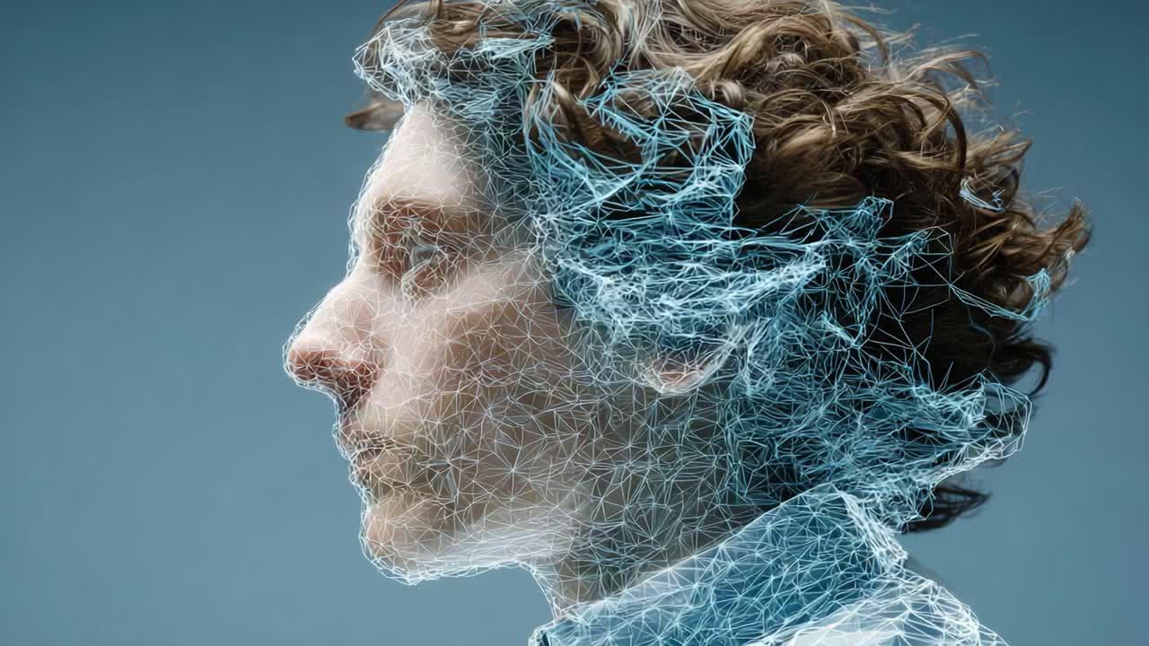 Exploration of Human Identity: A Digital Journey Through the Ethereal Transformation of Hair and Facial Features in Abstract Graphic Representation