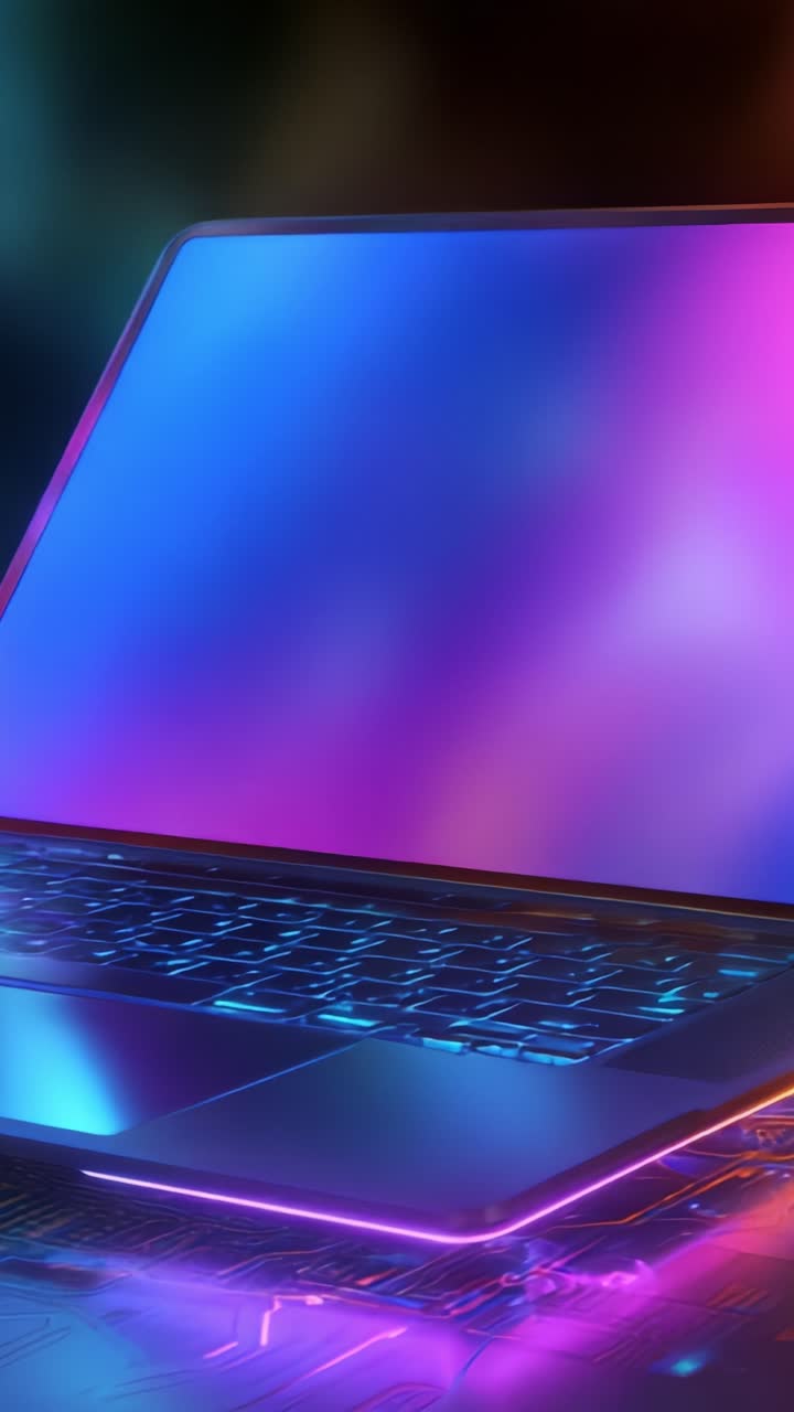Un laptop visivamente sorprendente che mostra una miscela astratta di luci colorate e riflessi sullo schermo e sulla superficie, creando un'estetica digitale vivace