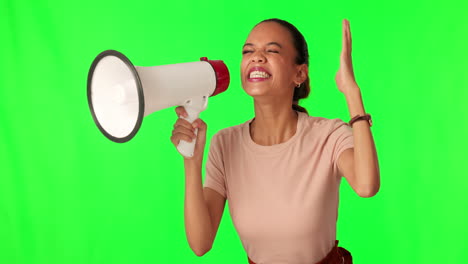 megaphone, announcement and woman on green screen