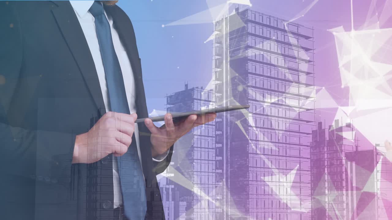 태블릿과 시티스케이프를 사용하는 사업가에 대한 연결 네트워크의 애니메이션