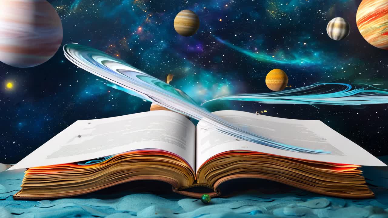 A book is open to a page with a blue sky and planets. The book is titled "The Universe"