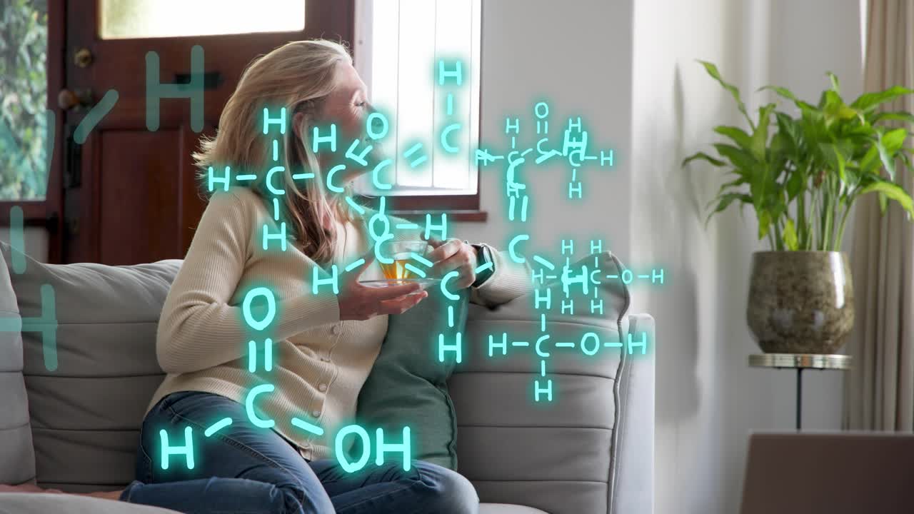 Woman sitting on sofa, sparking animated molecules expanding around torso, sipping cup for health
