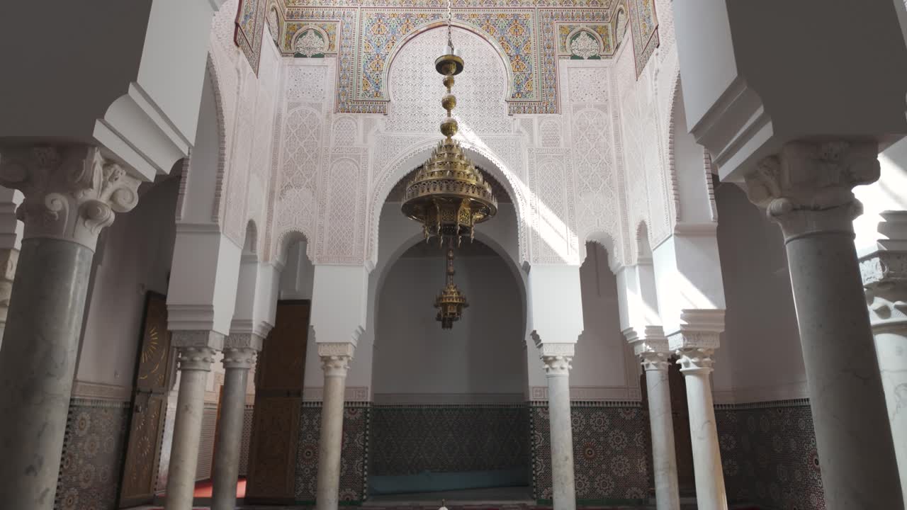 Serene and ornate interior of the Mausoleum of Moulay Ismail, Meknes, Morocco