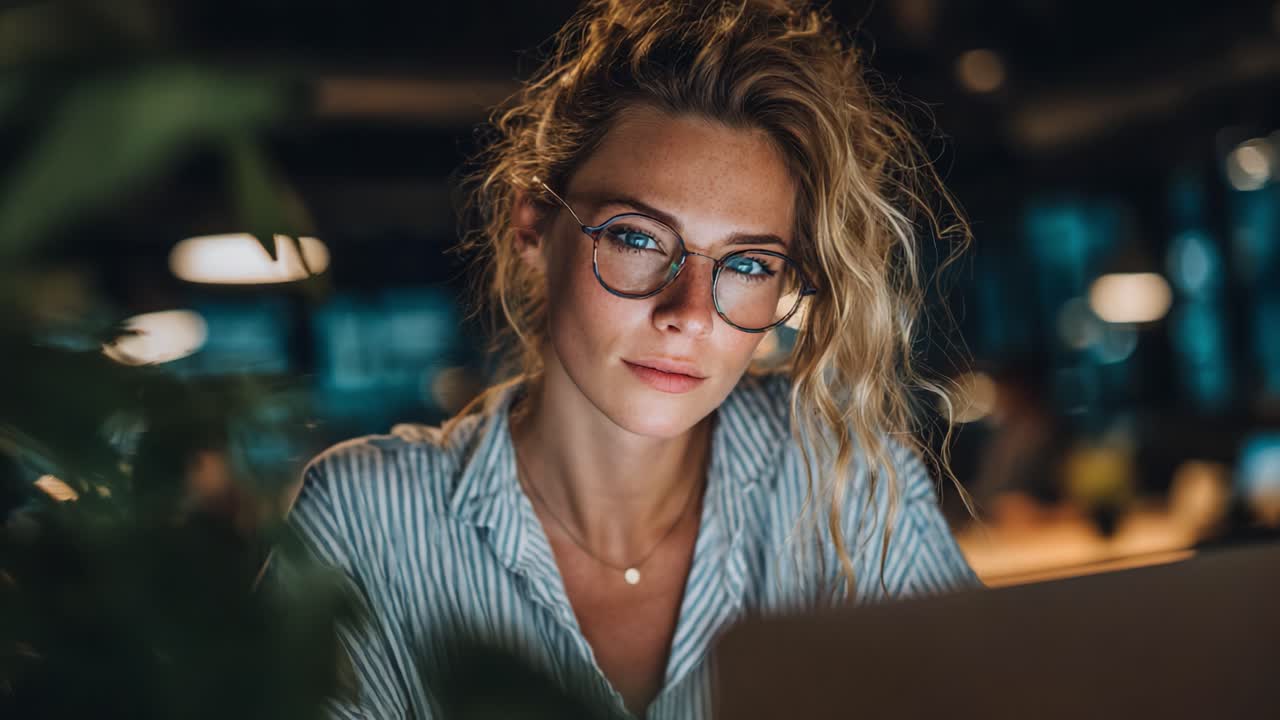 Captivating Evening Focus: A Stylish Woman with Curly Hair and Glasses Concentrates on Her Work Amidst a Cozy, Modern Workspace, Illuminated by Soft Lighting