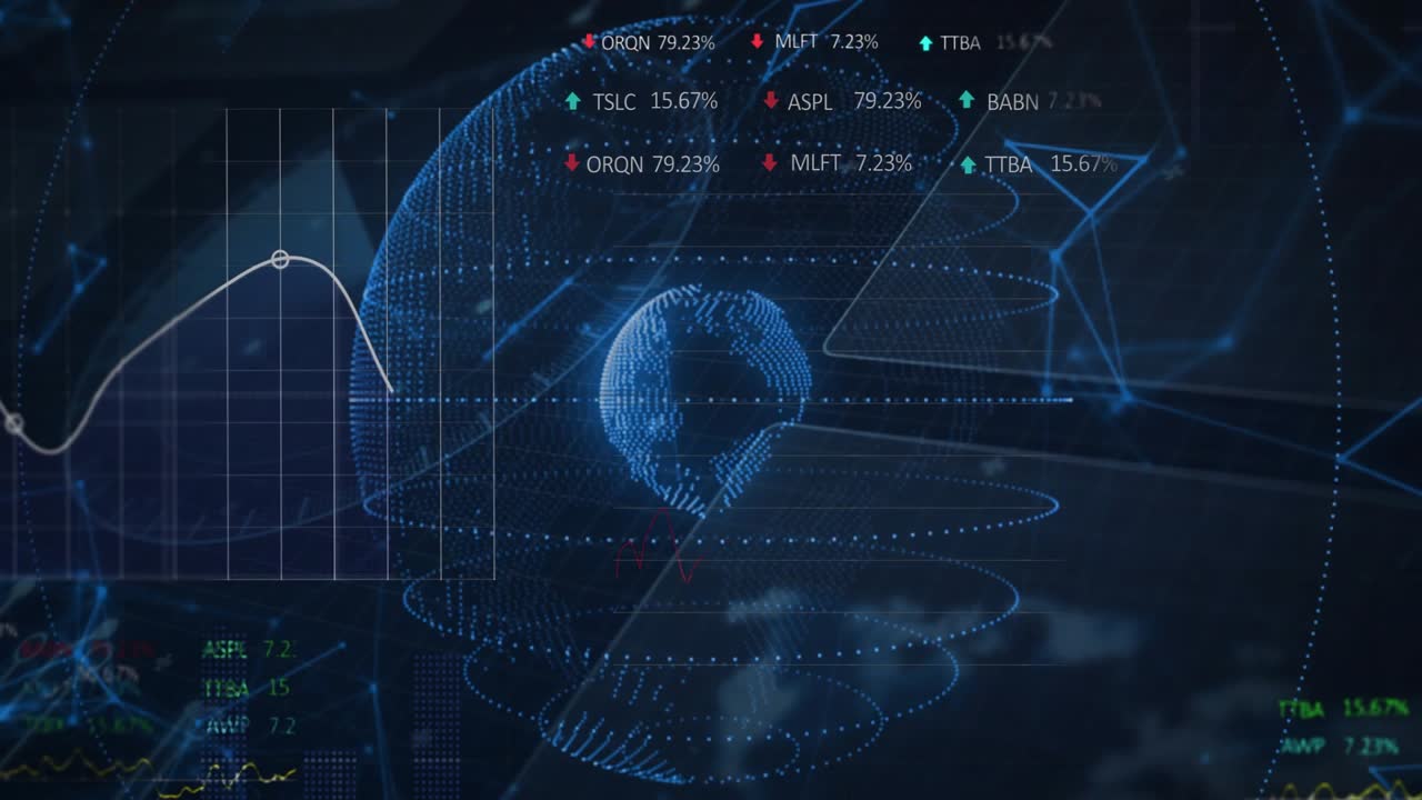 Faint wireframe orb emerging starting holographic globe rotating scanning rings showing stock data