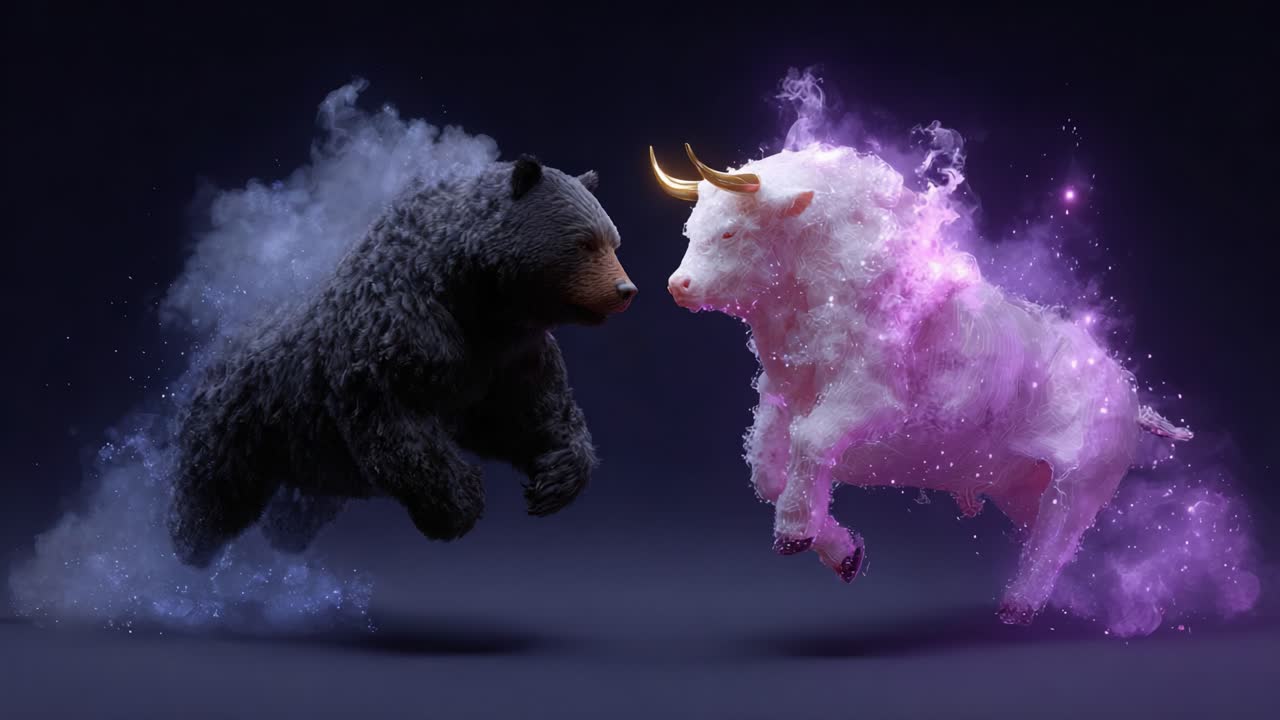 A Dynamic Clash of Symbolic Forces: An Artistic Representation of a Bear and a Bull Engaged in an Epic Confrontation Amidst Whirling Cosmic Elements