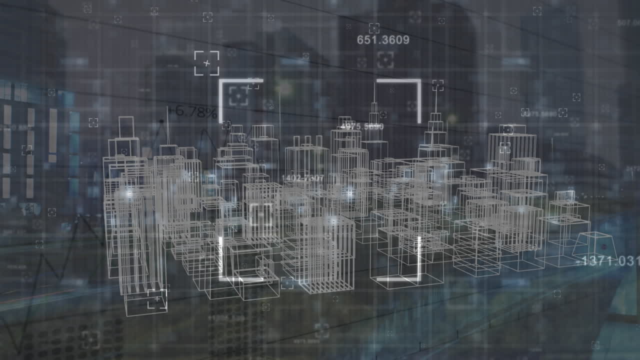 анимация чисел, квадратов и мегаверса города над современными зданиями.