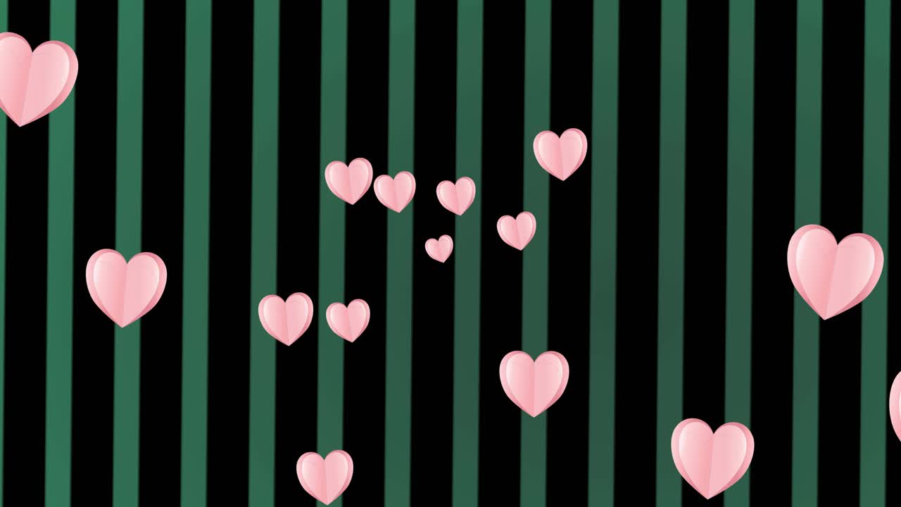검은 바탕의 초록색 줄무 ⁇  위에 움직이는 분홍색 심장의 애니메이션
