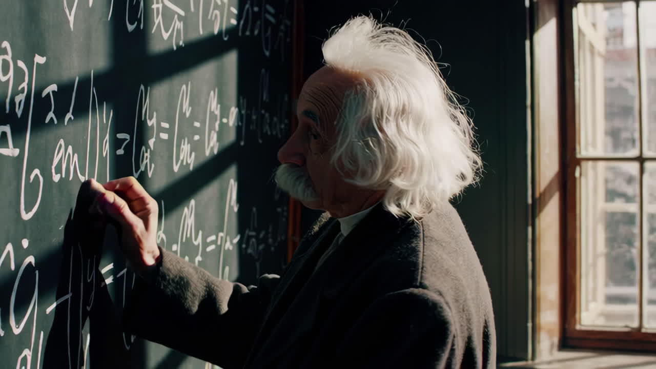 Elderly Scientist Writing Equations on a Chalkboard