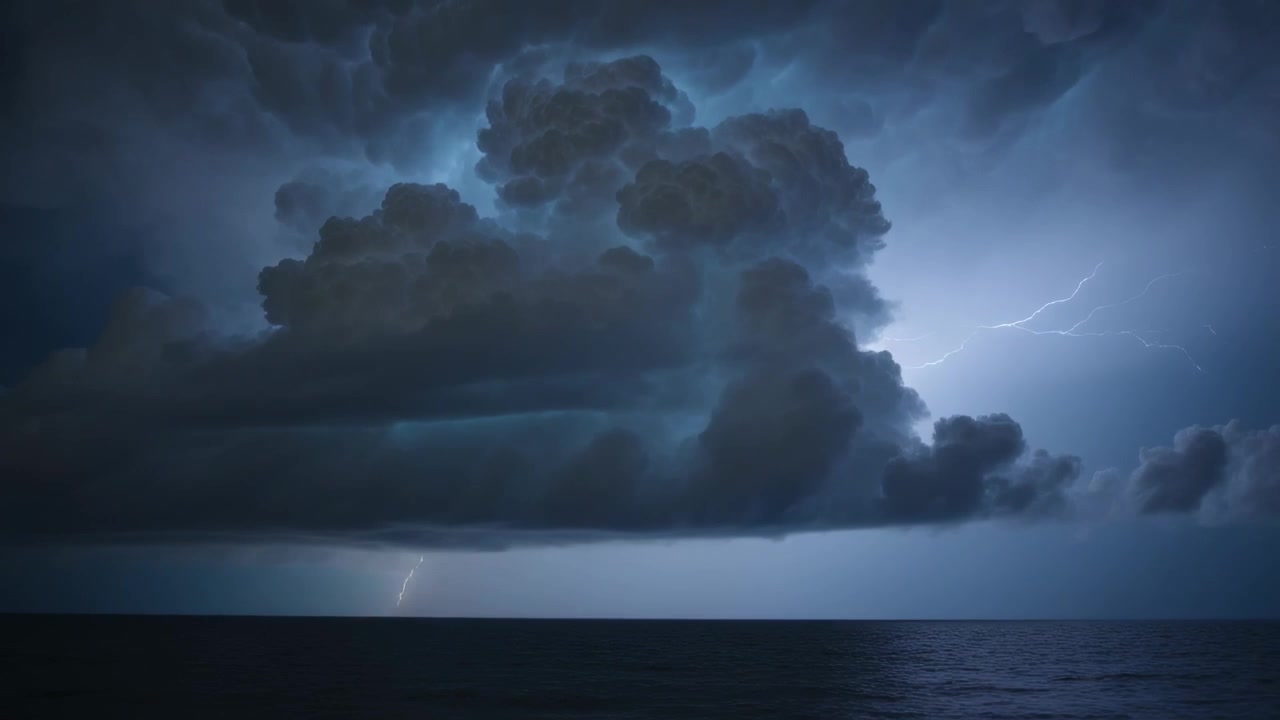 Nuvola cumulonembo che lampeggia per l'accumulo di carica, scagliando fulmini a forcella attraverso l'orizzonte dell'oceano aperto.